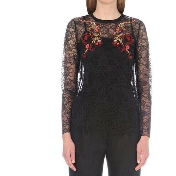 SANDRO Paris Tiger Embroidered Reiko Lace blouse Black Size 2 - Picture 1 of 9